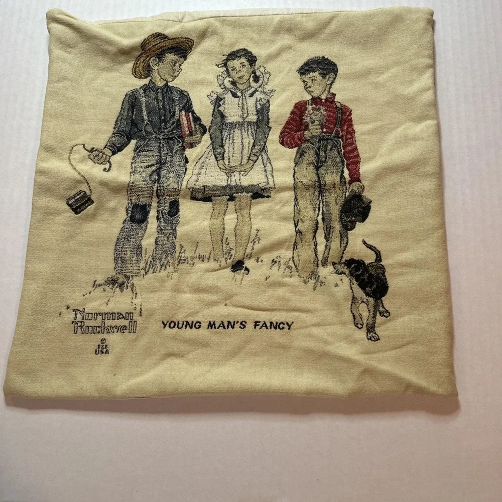 Vintage Norman Rockwell Pillow 2 Boys 1 Girl 1 Dog‎ Young Man's Fancy